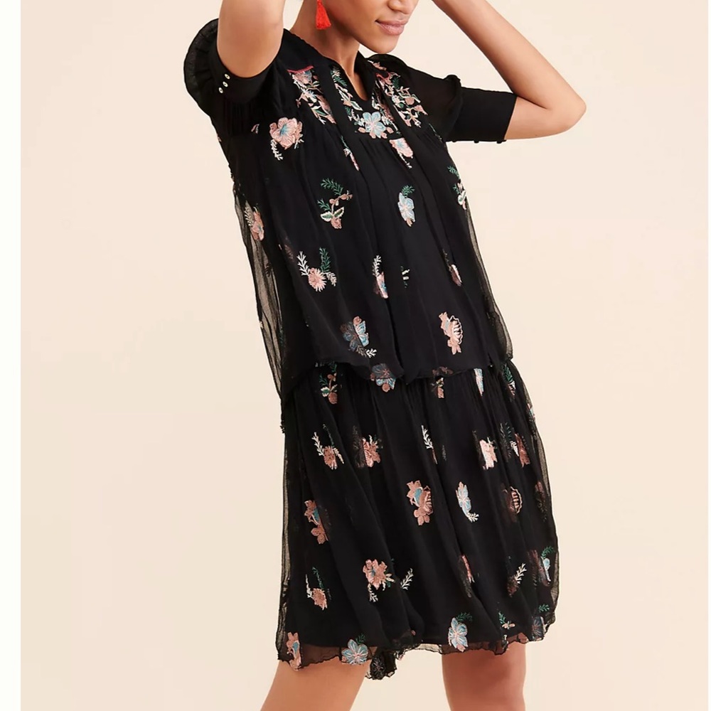 Anthropologie Let Me Be Vivian Floral Dress black tiered embroidered floral S - Picture 11 of 11
